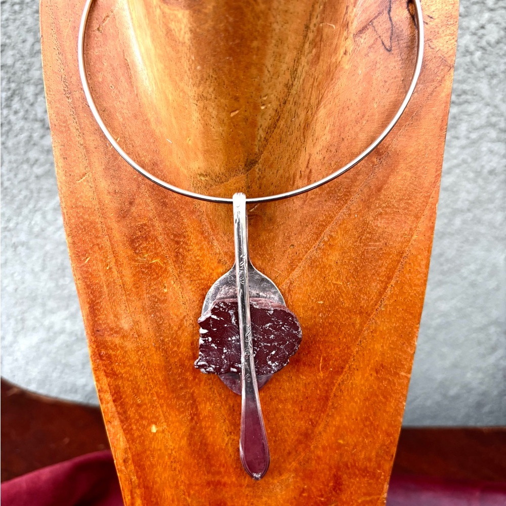 Handcrafted Spoon & Deep Burgundy Stone Pendant Necklace
